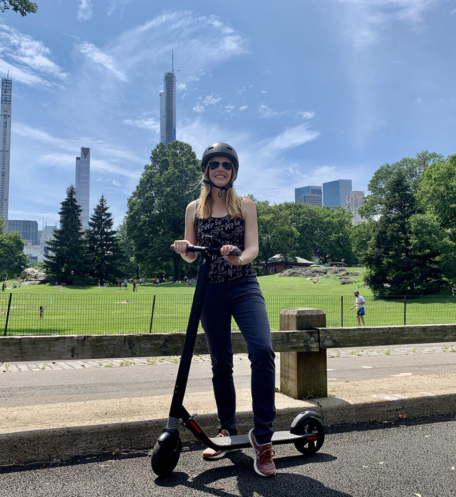 Darley on her Segway Ninebot scooter in NYC's Central Park