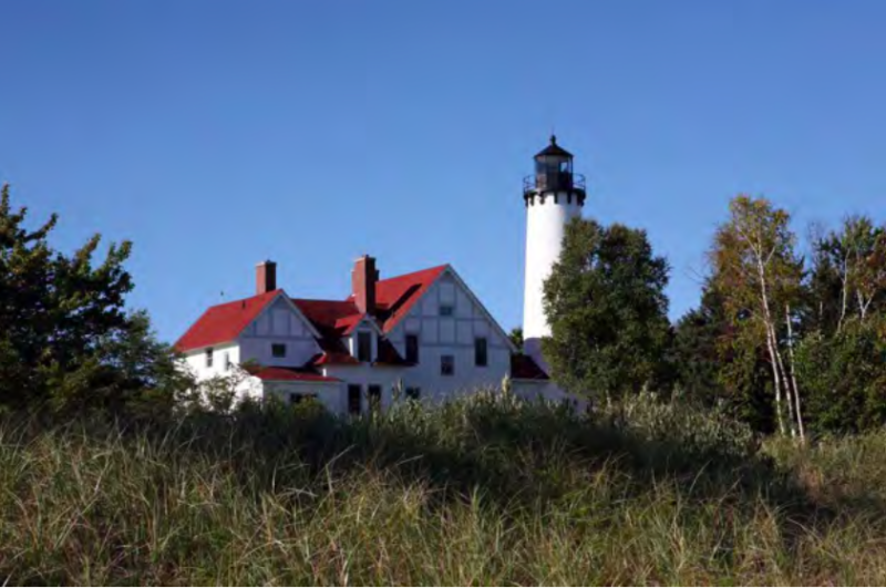 Point Iroquois Lighthouse, situated on a beautiful rocky beach above Whitefish Bay