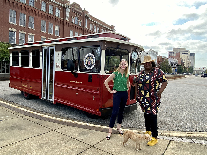 Darley takes a trolley tour with Michelle Browder in Montgomery and her dog Nick.