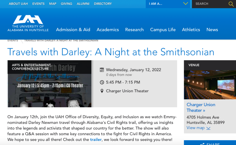 Darley's Smithsonian Civil Rights program livestreams at the University of Alabama Huntsville.
