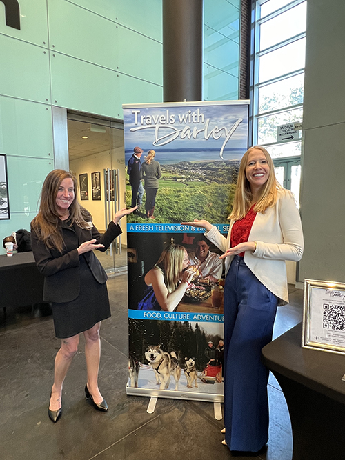 Melissa Winn, American Battlefield Trust, and Darley Newman get ready for the sneak preview event of "Travels with Darley: Revolutionary Road Trips" series at the Morris Museum in New Jersey.