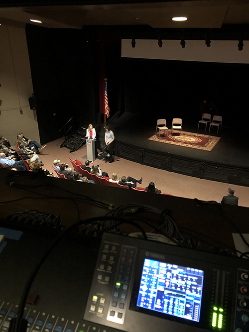 A view from the control room of the Morris Museum Theatre, where The Seeing Eye brings a puppy in training to the event.