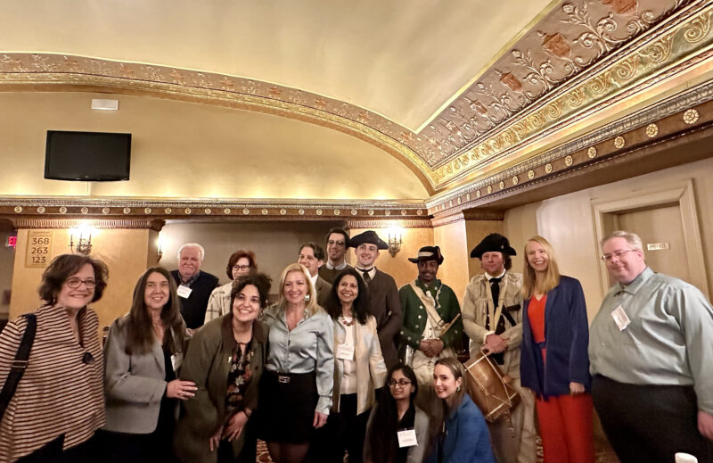 Darley Newman with the Fife and Drum Corps and state and local tourism officials, entrepreneurs and historians at the State Theatre before the "Travels with Darley: Revolutionary Road Trip" episode preview event