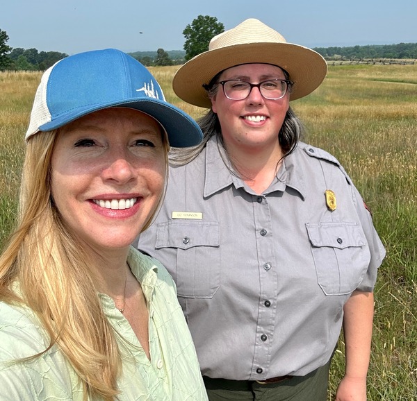 Darley and Ranger Liz Hokanson at Manassas National Battlefield Park for a podcast episode and the PBS TV series