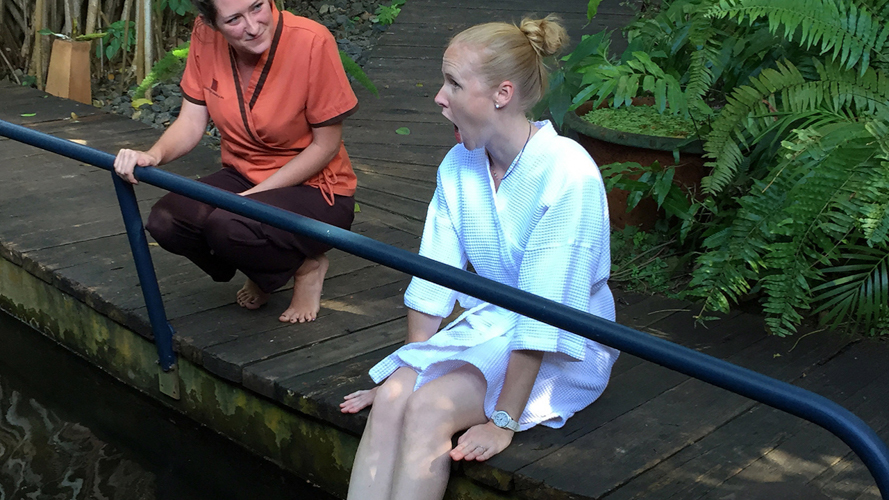 Darley Newman undergoes a unique fish pedicure experience at Tendacayou Ecolodge & Spa in the Guadeloupe Islands.